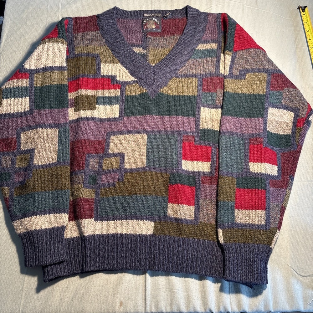 Salty Dog Gant Sweater Mens Large Wool Hand Intarsia Knit V-Neck Multicolor